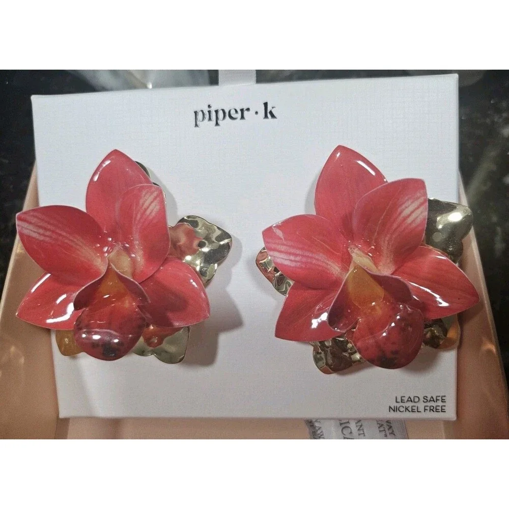 Piper K Edgy Detailed Tropical Orchid Flower W/ Gold Earrings Floral Maximalist